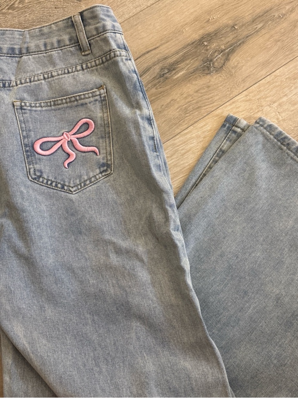 Light Blue Women's Jeans with Pink Bow Embroidery